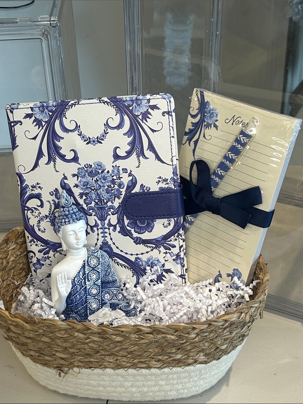 Basket of Peace with Blue & White Floral Journal and Notepad Set + Buddha New